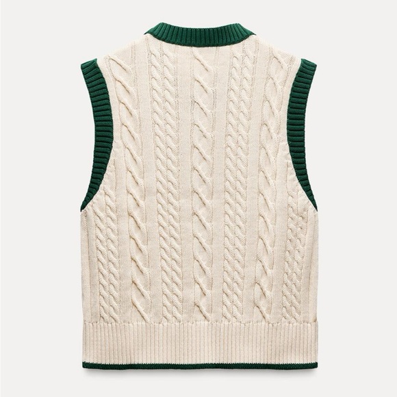 NWT Zara Cable Knit Varsity Sweater Vest in Cream/Green - Picture 4 of 8